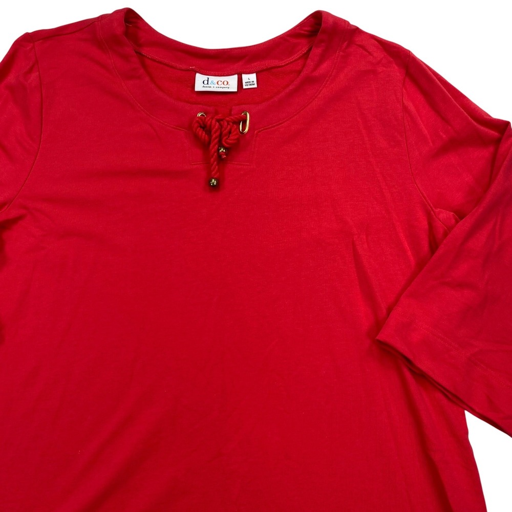 Denim & Co. Top Womens Large Red Tie Neck Grommets 3/4 Sleeve Cotton Spandex
